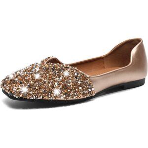 Fsfdamai Flat Shoes Women Golden Leather Square Toe Bling Glitter Casual Shoes